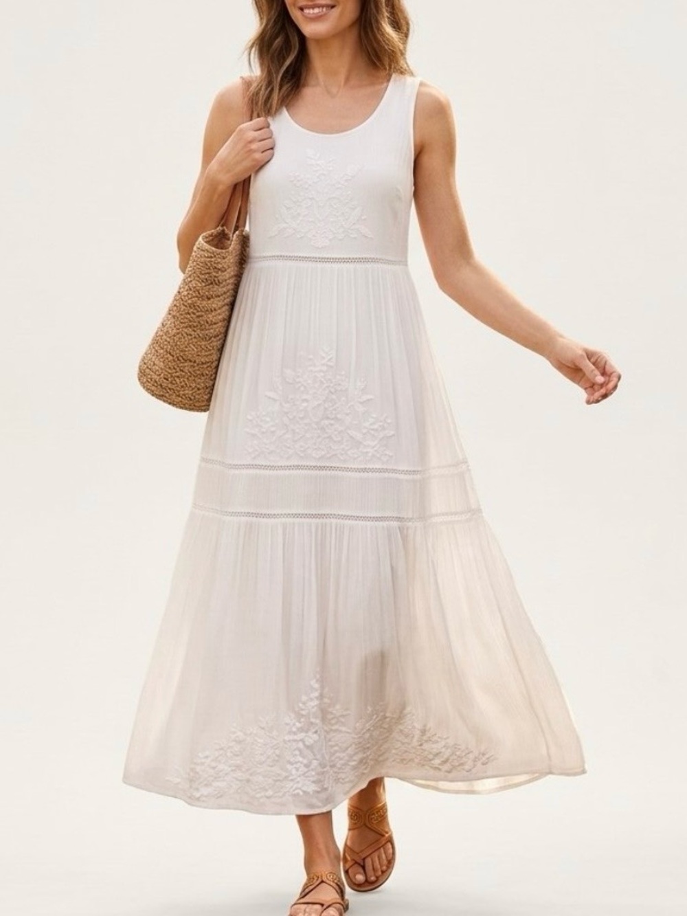 J. JILL White Embroidered Tiered Maxi Dress Sz M Cotton Rayon Boho Summer Lined